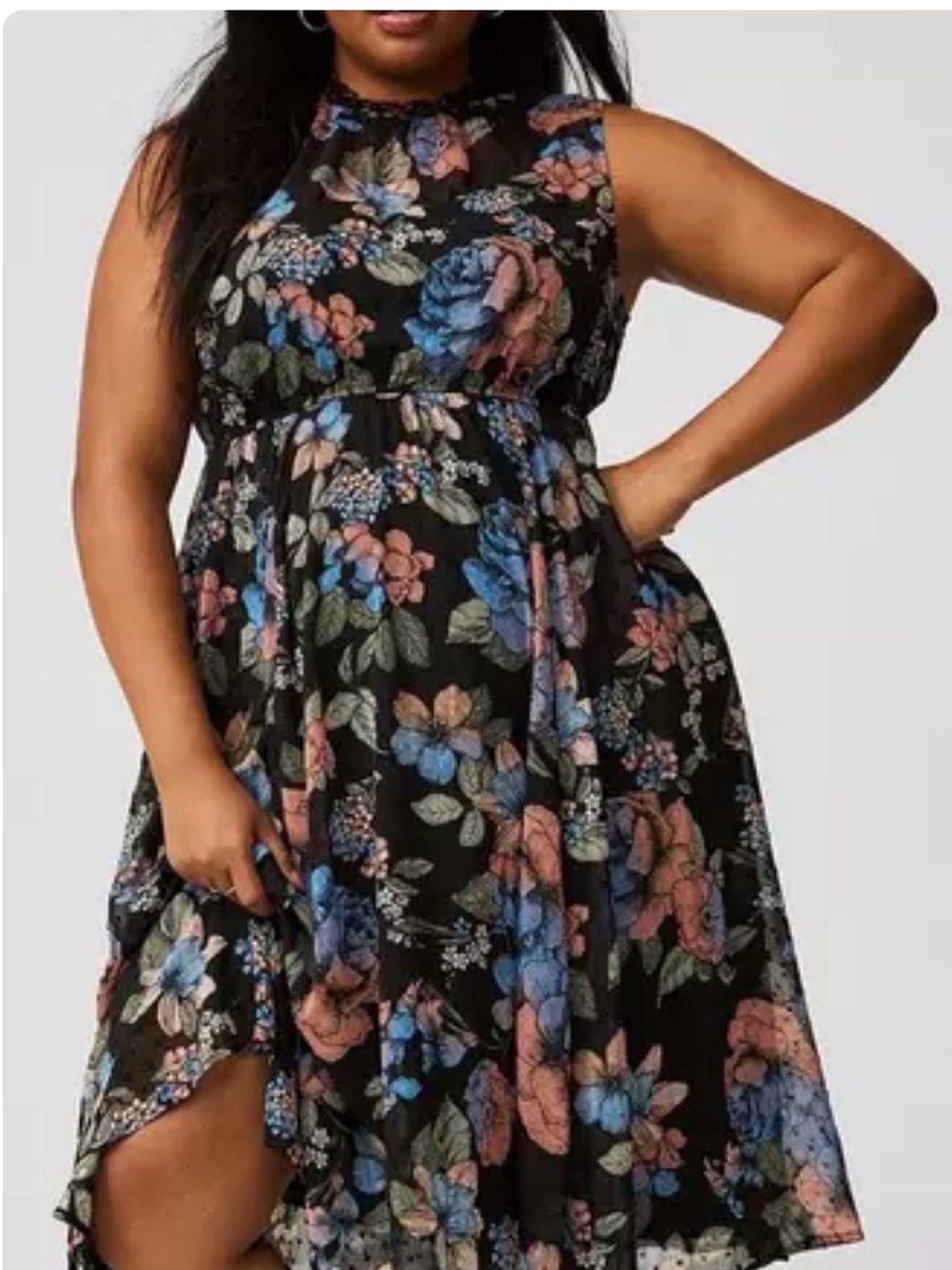 Black Floral Midi Dress with Blue and Peach Flowers - Picture 5 of 7